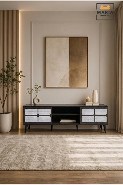 MARIA HOMES Large Modern TV Unit with Stone-Effect Doors – Walnut Entertainme...
