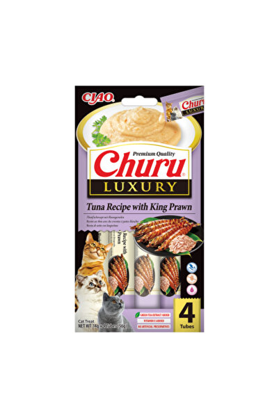 Inaba Churu Gustare Cremoasă de Lux pentru Pisici cu Ton și Creveți Rege, 4x14 g