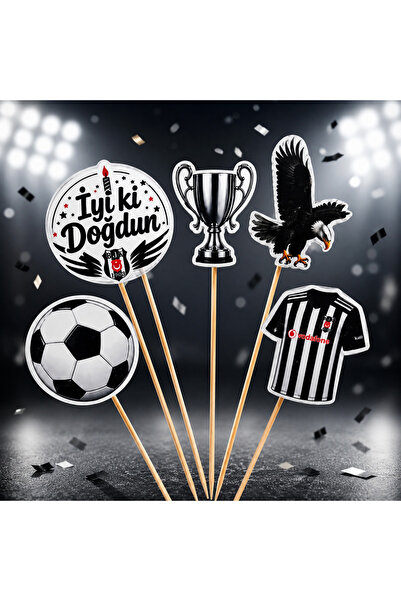 Fillikutum Siyah Beyaz Beşiktaş Taraftar Temalı 5 Parça Kürdanlı Pasta Süsü D...