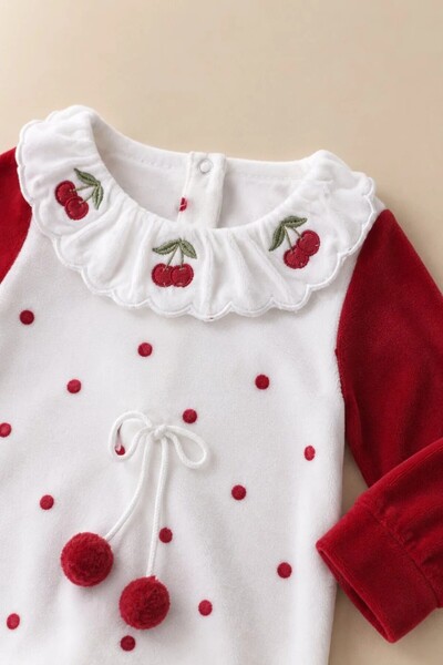 Tuğra Bebe Bebek Kiraz Nakışlı Patikli Tulum Fırfır Yakalı Ponpon Detaylı Beb...