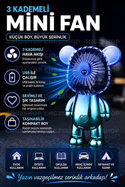 CNGZSHOP Ayıcık Şekilli Şarjlı Mini Fan Taşınabilir El Fanı USB Masaüstü Vant...