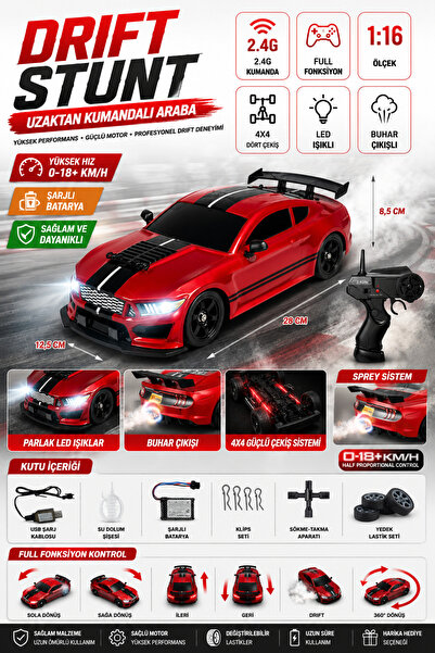 cayenna Uzaktan Kumandalı 2.4G Şarjlı 1:16 4x4 Drift Stunt Araba Işıklı Buhar...
