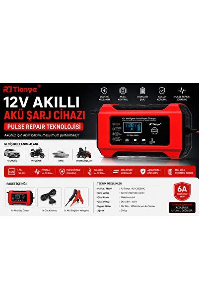 PULSE 12V Akıllı Akü Şarj Cihazı Repair LCD Ekranlı 6A Motosiklet Otomobil Ak...