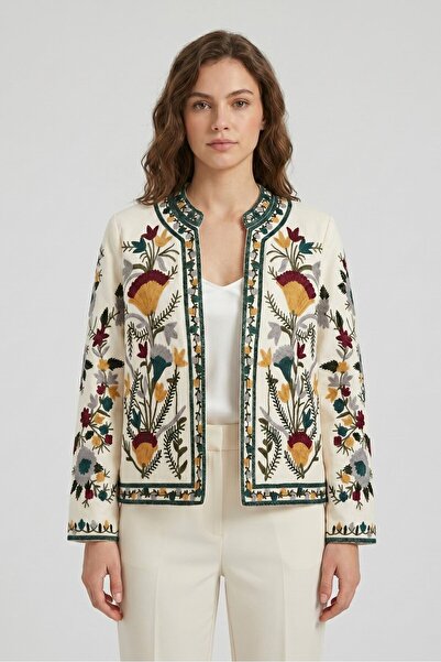 Saade White Stand Collar Traditional Embroidered Bohemian Jacket