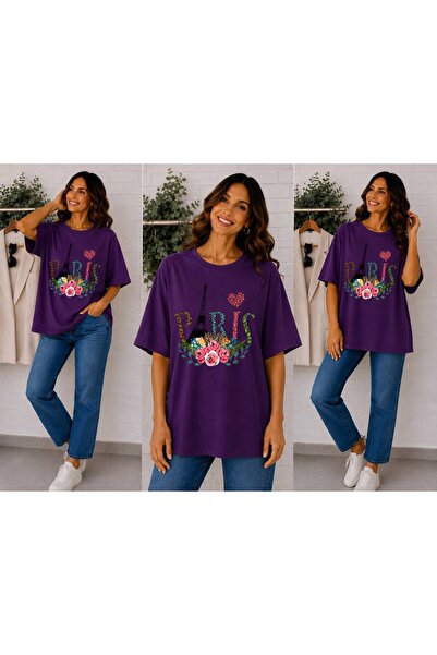 ENB1R MODA Paris Themed Eiffel Tower, Rose Flower and Heart Printed Purple Pr...
