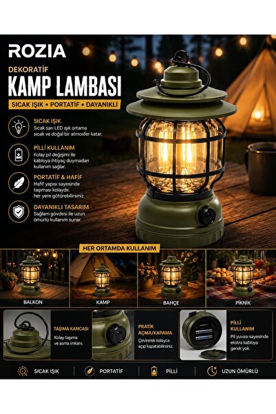 ROZIA Şarjlı Dekoratif Kamp Lambası LED Nostaljık Fener Gece Lambası Bahçe Ba...