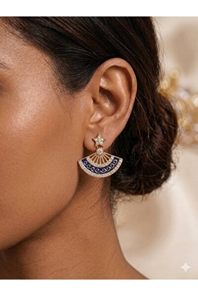 LuneraDesign Fan-Shaped Model Navy Blue Stone Star Detailed Steel Earrings Go...