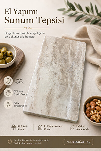 stonesteps Doğal Mermer Traverten Kesim Tahtası - El Yapımı Sunum Tepsi 15x30