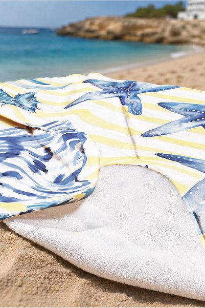 Evimde Bambaşka Sea Star Seahorse Marine Beach Towel-Striped Mediterranean Blue Yellow Quick Drying Microfiber Towel