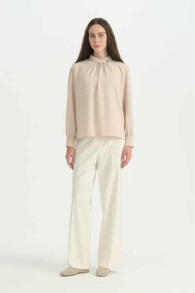 Nihan Drawstring Brooch Detailed Blouse - Beige