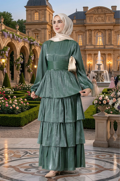Sevitli Layered Detailed Belted Alina Hijab Evening Dress - Emerald Green