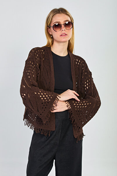 BARRELS AND OIL Women's Openwork Cardigan with Tassels on Sleeves and Hem - B...