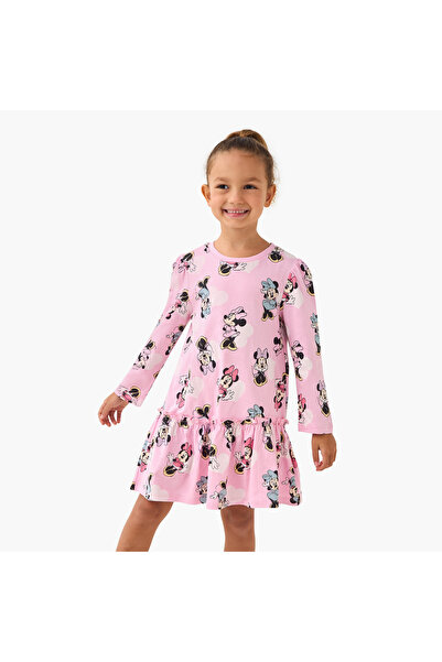 Disney Round Neck Long Sleeve Dress with Minnie Mouse Print