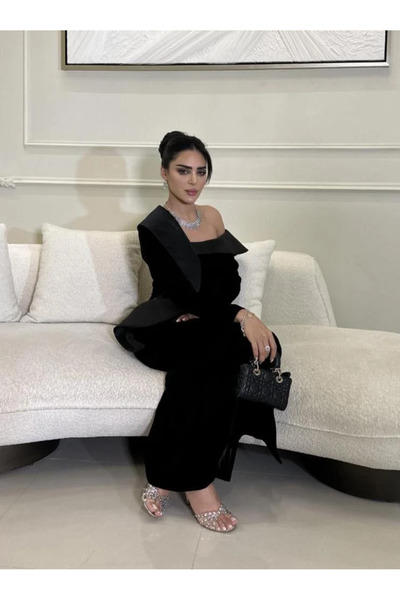 Moda Line فستان اسود مخمل بكتف واحد