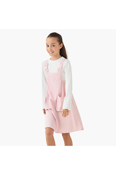Juniors Round Neck Long Sleeve Pinafore with Pockets