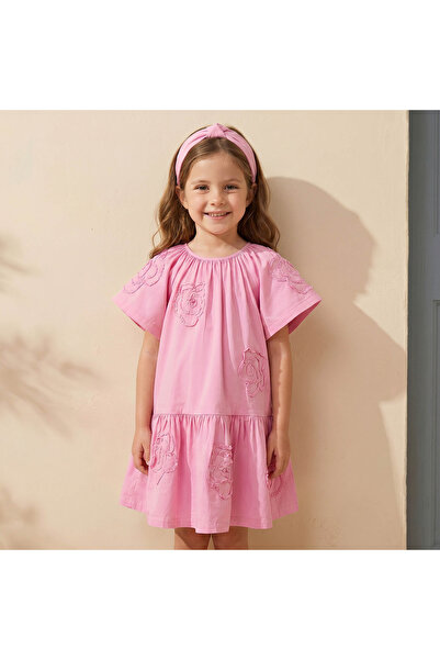 Juniors Round Neck Short Sleeves Knee Length Drop Waist Dress with Floral Lac...