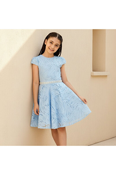 Juniors Round Neck Short Sleeves Dress with Embellished Belt Detail