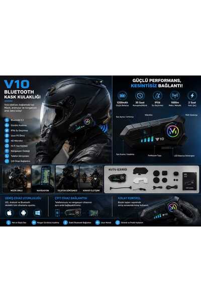 ikel elektro V10 Intercom Kask Kulaklığı Su Geçirmez HD Ses Kaliteli Bluetoot...