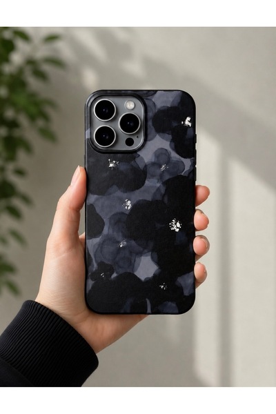 OVADA İphone 14 Pro Max Uyumlu Siyah Çiçek Desenli Silikon Telefon Kılıfı
