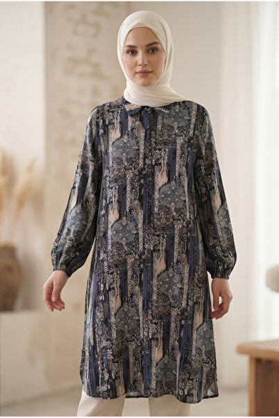 tuvadi Women's Navy Blue Ethnic Patchwork Patterned Viscose Tunic Shirt - Hij...