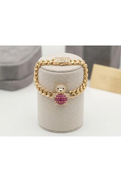 Casa Shop Brățară de damă placată cu aur de 14K, cu pandantiv urs și pietre r...