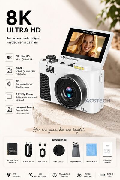 ACSTECH 8K Dijital Fotoğraf Makinesi 88MP | WiFi Bağlantı | 3.0 İnç Dönebilir...