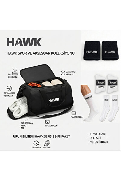 HAWK Sporcu Valiz Siyah Pamuk Gym Havlu Siyah Soket Çorap Beyaz 3 Lü Set (Val...