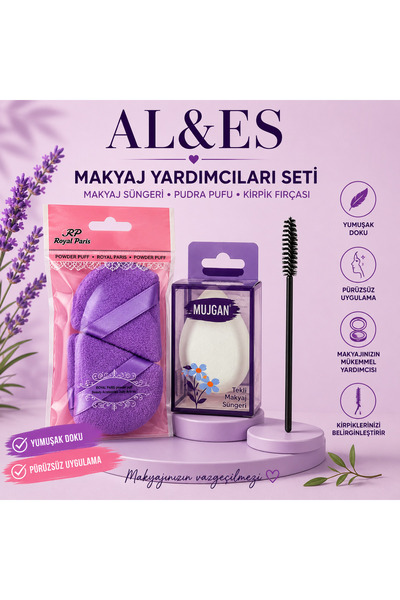 Royal paris 3'lü makyaj yardımcıları seti pudra pufu makyaj süngeri kirpik fı...