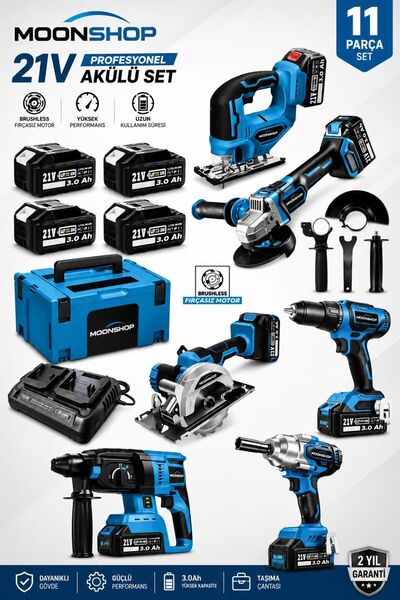 MOONSHOP 21V DX-1082 11 Parça Akülü Set Fırçasız Motor Darbeli Matkap Kırıcı ...