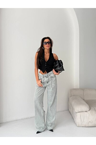 HerTon Pantaloni din denim cu talie înaltă, cu rupturi la spate și croială largă