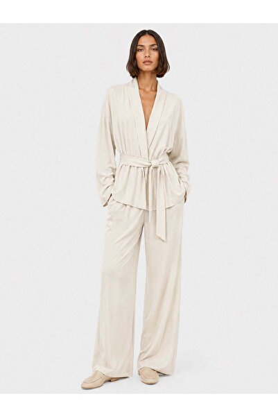 RİVUS Soft Textured Belted Casual Trousers with Pockets - Beige