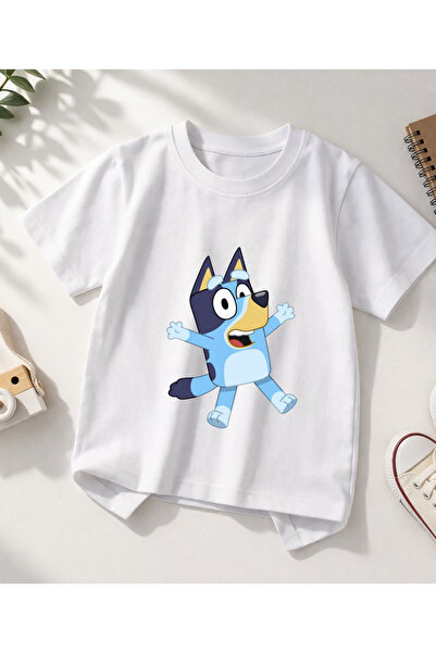 dompulerimoda تي شيرت أبيض مطبوع للأطفال من Bluey بياقة دائرية
