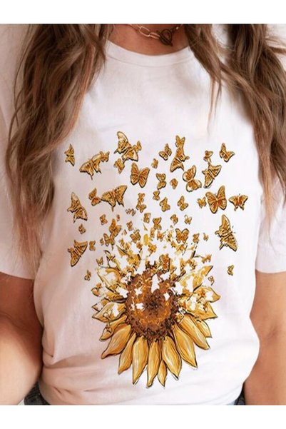 vorena Yellow Butterfly and Sunflower Print on White T-Shirt