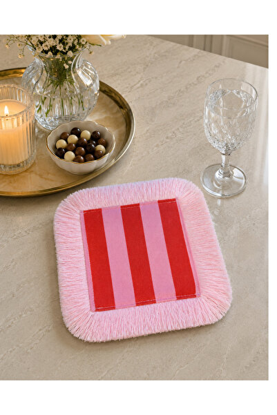 Karam Home Pembe Kırmızı Çizgili Püsküllü Kahve Sunum Peçetesi 15x15 cm