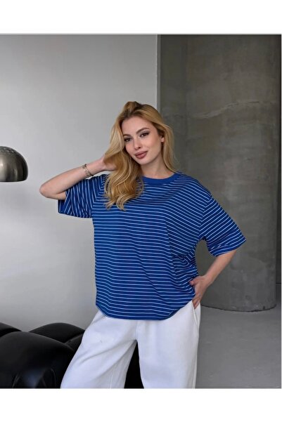 Kadın Oversize Çizgili Tişört lacivert