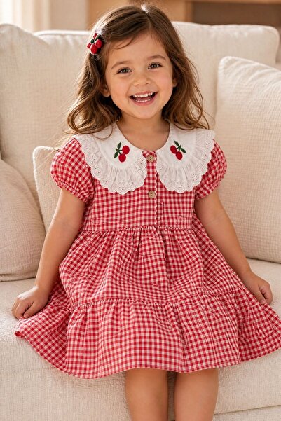 NOTA KİDS Girl's Red Plaid Patterned Cherry Embroidered Doll Collar Cotton Su...