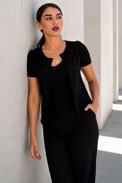 Madmext Black Lace Detailed Slim Fit Short Sleeve Women's Cardigan Mg2710
