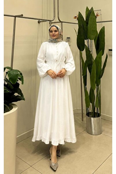 Rumella 26Y9645 ELBİSE YARIM DÜĞMELİ ASTARSIZ BELİ BÜZGÜLÜ BEYAZ