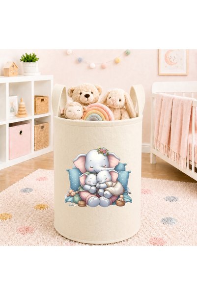 Trend Sizde Elephant Family Printed Toy Basket 50X40 cm Baby and Children's Room Cream Felt Organizer Basket