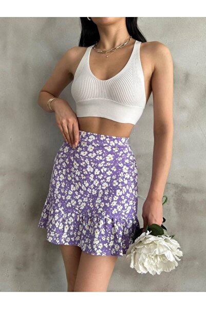 Butik Çiçek Desenli Beli Lastikli Şortlu Etek