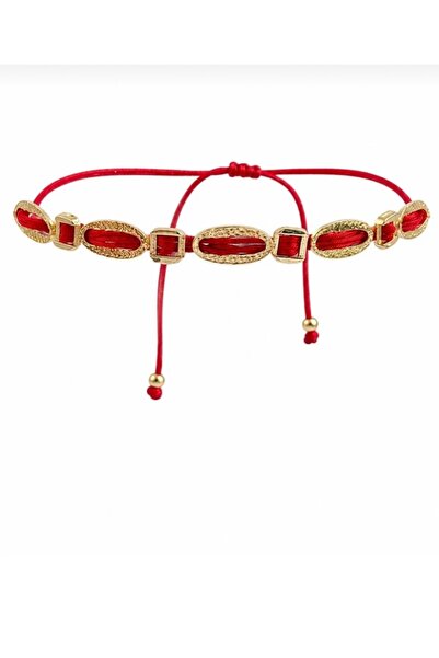 mibrillo Gold Detailed Elevator-Style Adjustable Red String Lucky Bracelet
