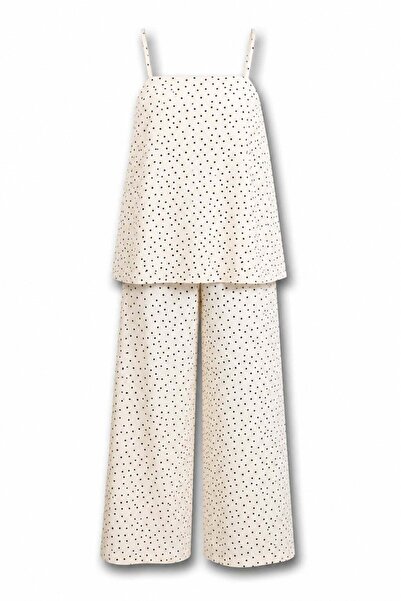 5in1Canpolat Beige Polka Dot Blouse Trousers Set 1017