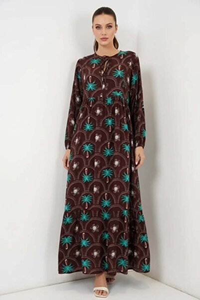 ALFA AKSESUAR 03 Women's Lace-Up Patterned Viscose Brown Hijab Dress