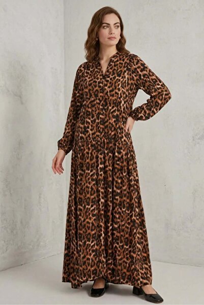 ALFA AKSESUAR 03 Women's V-Neck Gathered Waist Leopard Patterned Viscose Brow...