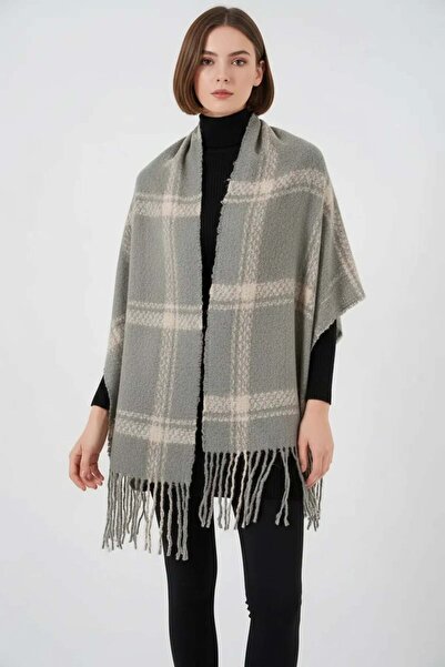ALFA AKSESUAR 03 Women's Tasseled Checkered Patterned Knitwear Gray Shawl