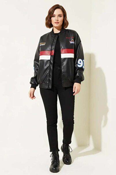 ALFA AKSESUAR 03 Women's Bomber Collar Printed Black Jacket