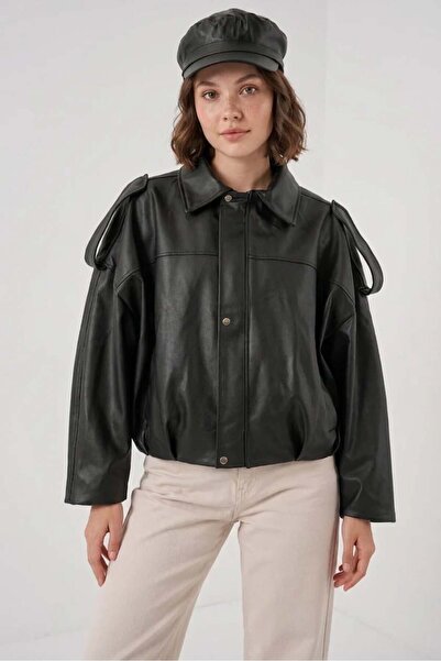 ALFA AKSESUAR 03 Women's Classic Collar Oversize Cut Black Jacket with Should...
