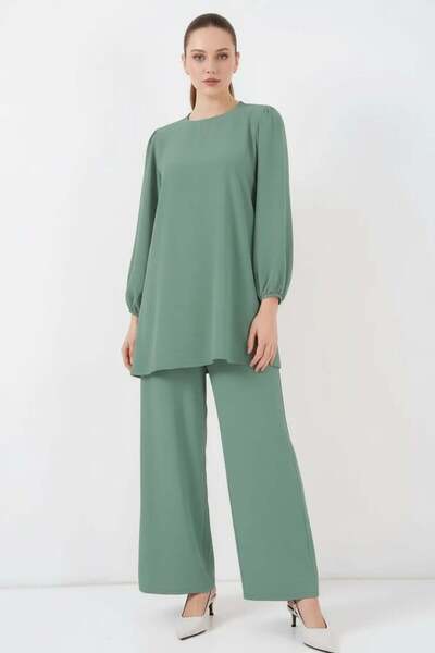 ALFA AKSESUAR 03 Women's Round Neck Long Sleeve Green Tunic Pants Top and Bot...
