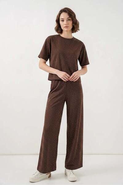 ALFA AKSESUAR 03 Women's Crew Neck Regular Waist Dot Patterned Brown Two-Piec...