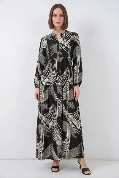 Generic Brand Women's Shirt Collar, Gathered Waist, Patterned Viscose Black H...